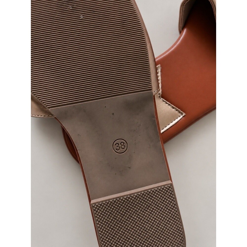 Women’s Metallic Champagne Slide Sandals EU 38 Gold Chain Square Toe Flats